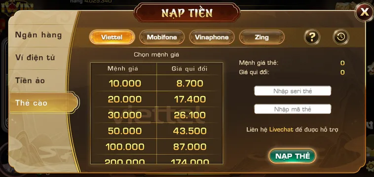 Nạp tiền thẻ cào  - phương thức được ưu tiên lựa chọn tại Iwin.